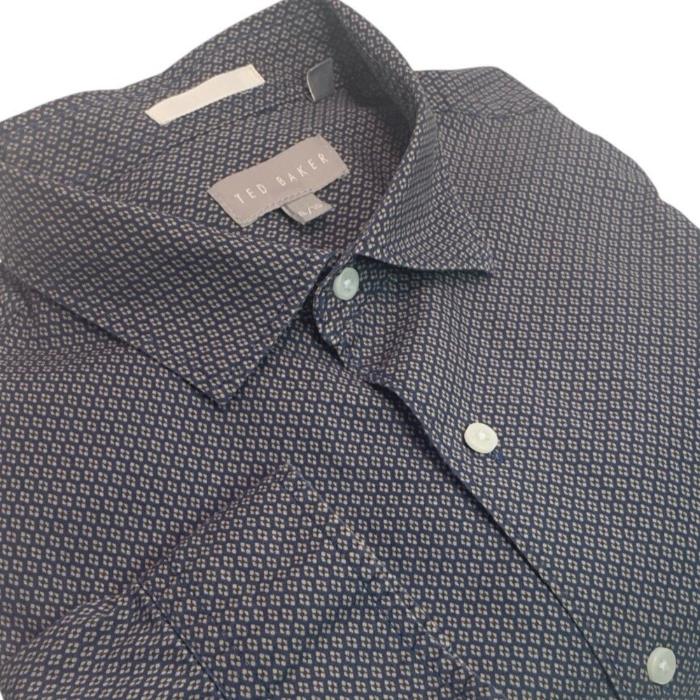 Ted Baker Long Sleeve Button Up Shirt Men's XL Geometric Pattern Blue & Tan